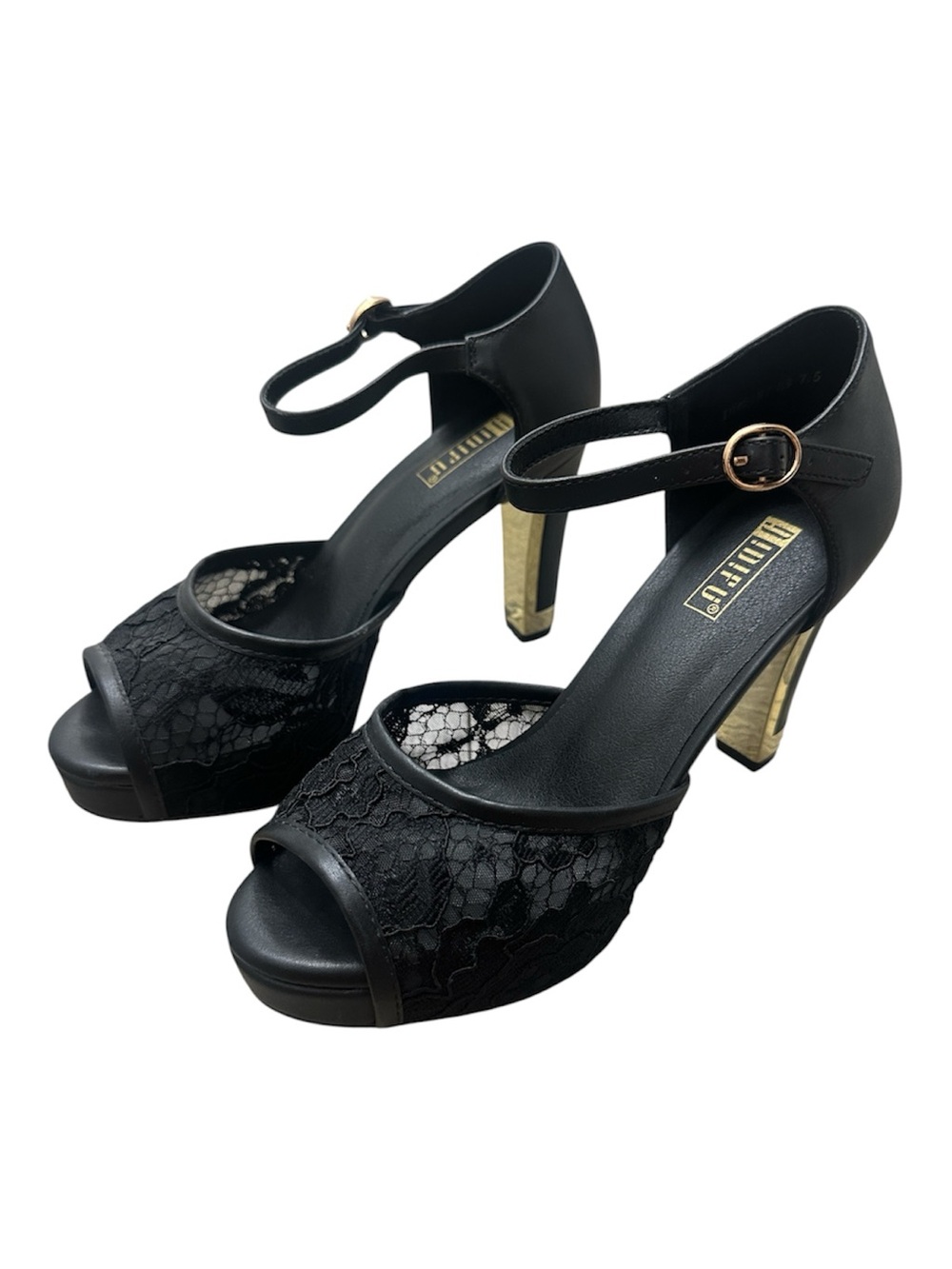 Black Lace Platform Heels with Gold Accent - Women